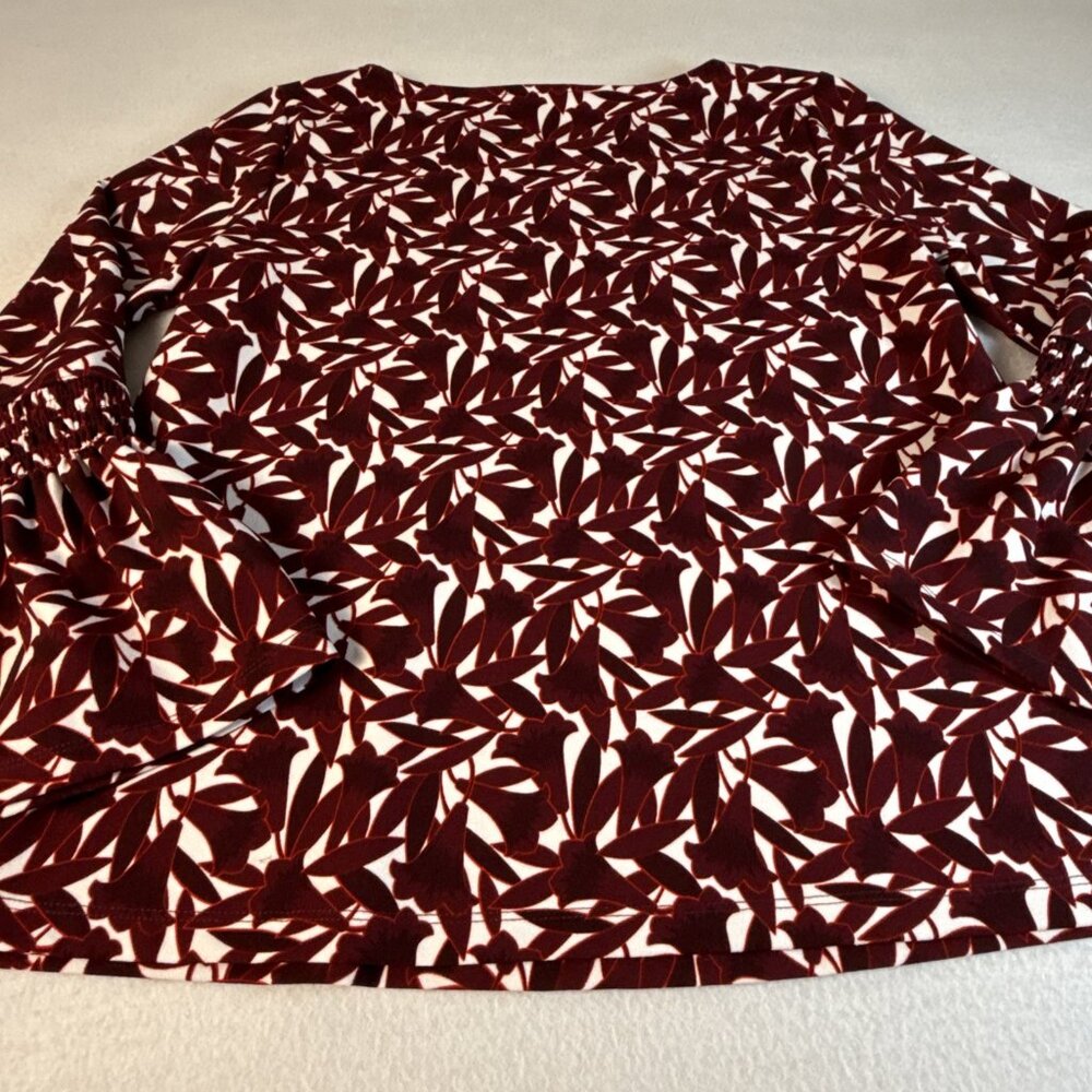 Ann Taylor Burgundy Floral Stretch Top‎ Long Smocked Bell Sleeves Med - Picture 8 of 9